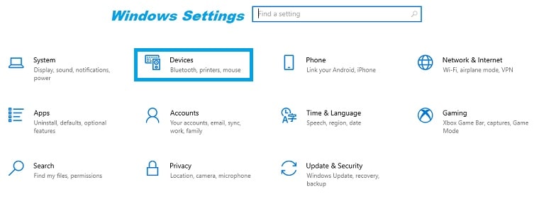 Windows Settings Devices Option