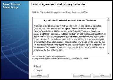 Epson Printer License Agreement and Privacy Statement Page